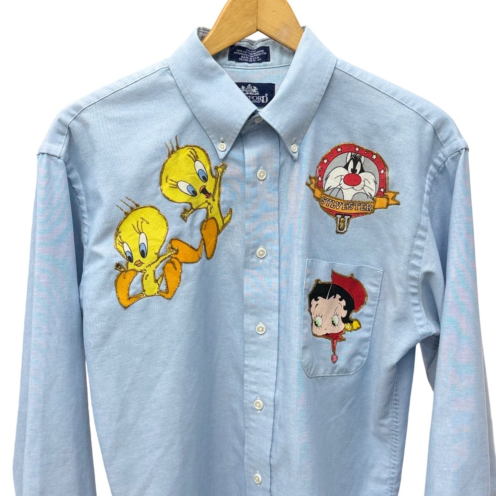 Stafford 90s Looney Tunes Oxford Shirt Blue Mens 16-34 Cartoon Patch Vintage
